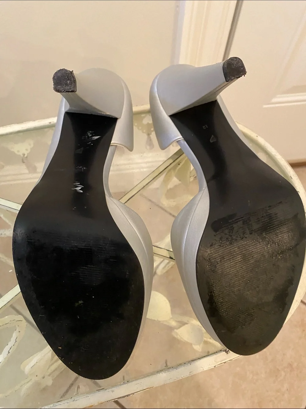 Shoes of Prey Silver Leather Peep-Toe High Heels